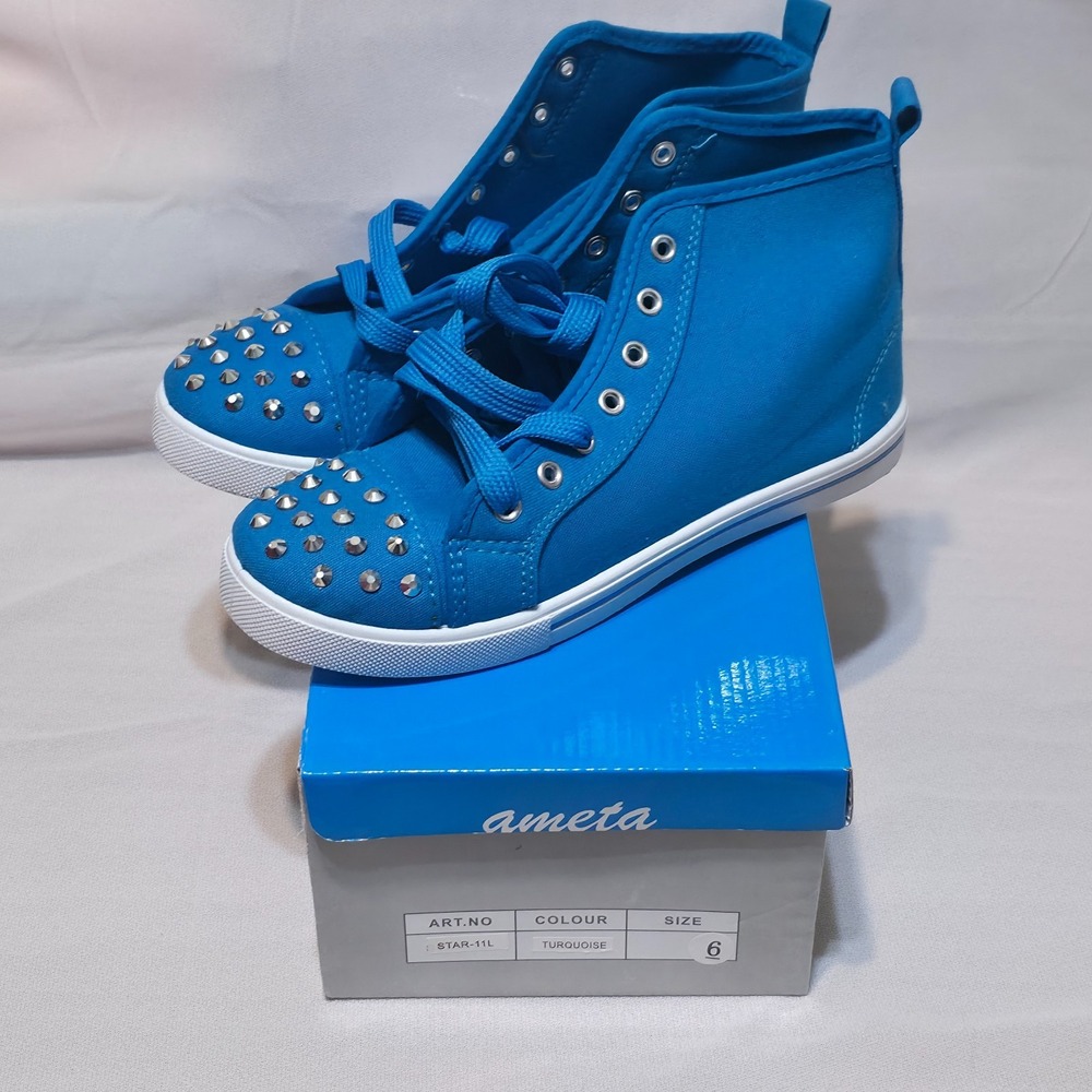 Ameta Girls Blue High Top with Rhinestone Lace‎ Up Shoes Size 6 NWT